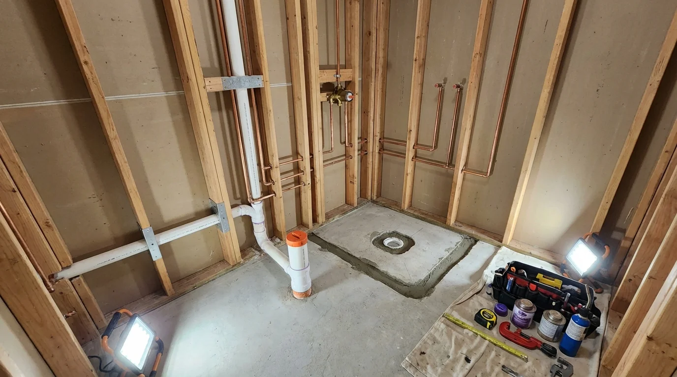 Bathroom rough-in plumbing during remodel by Johns Plumbing LLC in Oldsmar