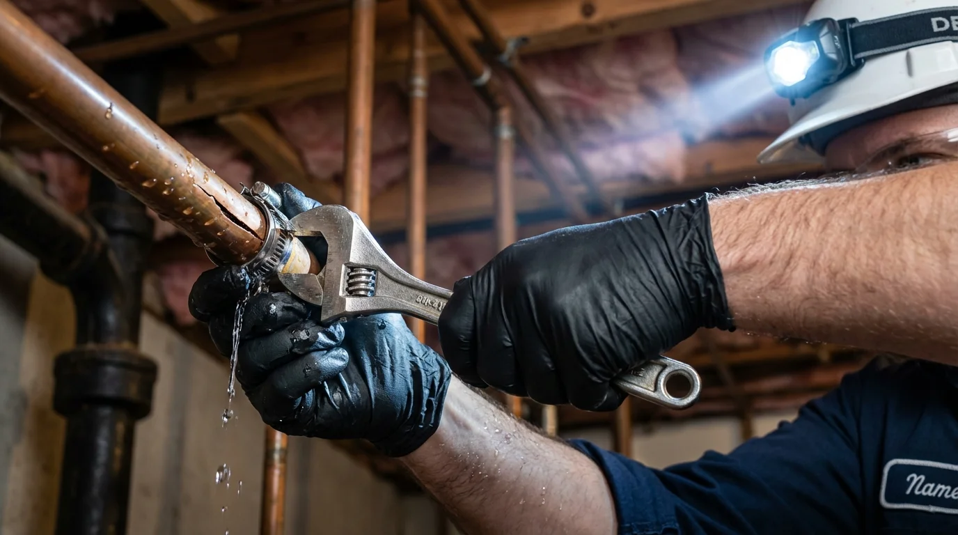 Emergency pipe clamp repair being performed by a Johns Plumbing LLC plumber in Oldsmar