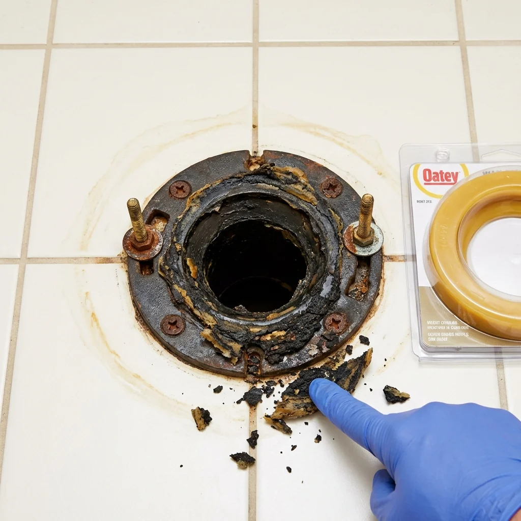 Failed wax ring showing water seepage at the base of a toilet in a Oldsmar, FL home