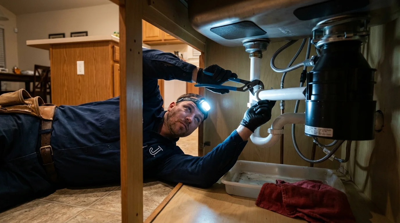 P-trap and supply line connections under a kitchen sink showing a common leak point in Oldsmar, FL